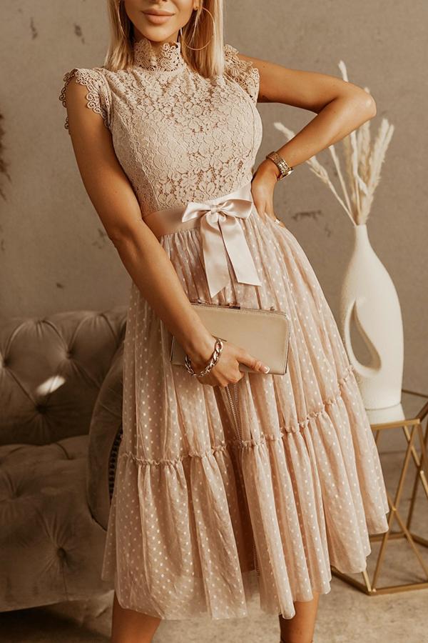 Ruffled Lace Mesh Stitching Midi Dress