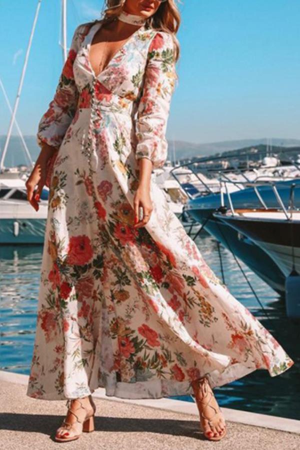 Deep V-neck Long Sleeve Printed Dress