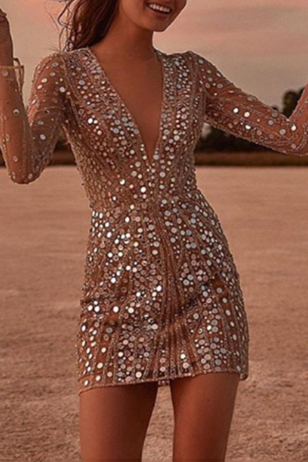 Deep V Long Sleeve Sequin Dress