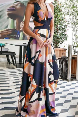 Fashion Print Suspender Backless Maxi Dress