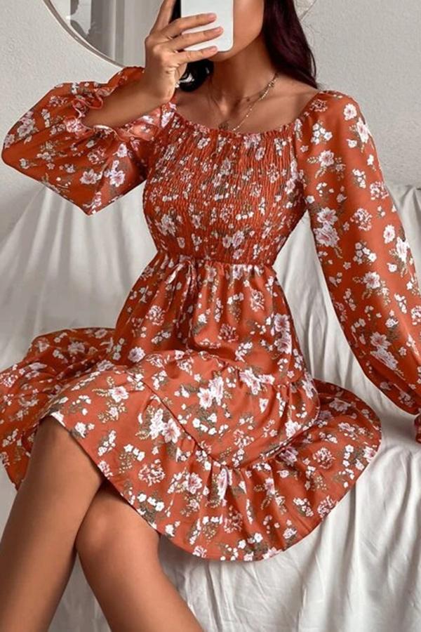 Long Sleeve Printed Square Neck Dress