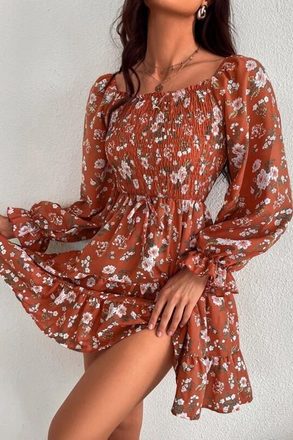 Long Sleeve Printed Square Neck Dress