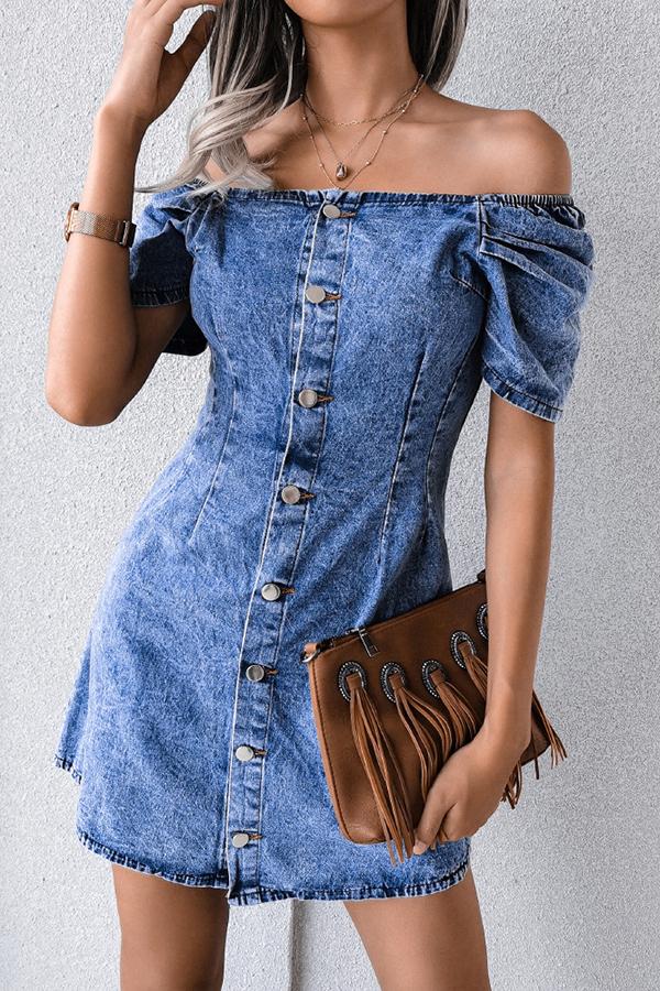 Off-shoulder Single-breasted Denim Dress