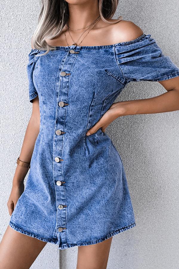 Off-shoulder Single-breasted Denim Dress