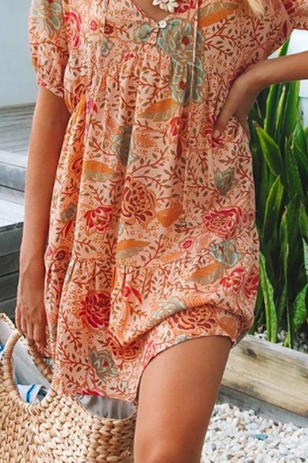 Girly Floral Print Lace-up Dress