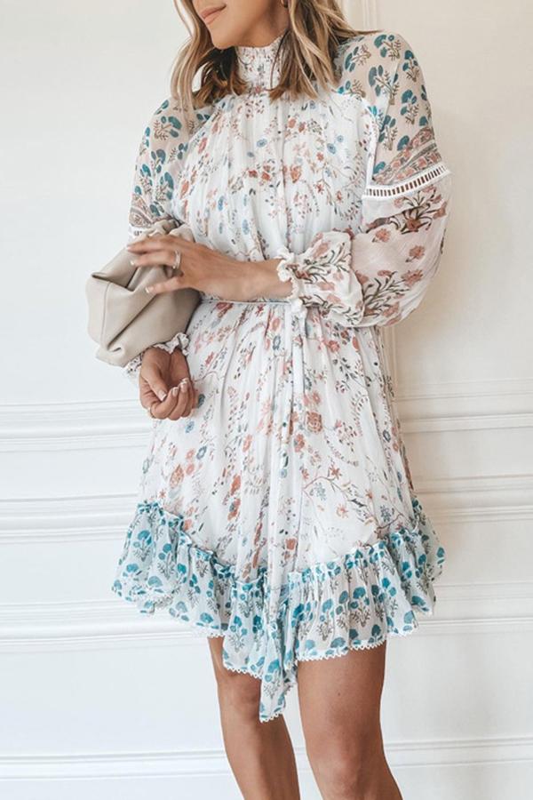 High Neck Ribbon Lace Chiffon Print Swing Dress