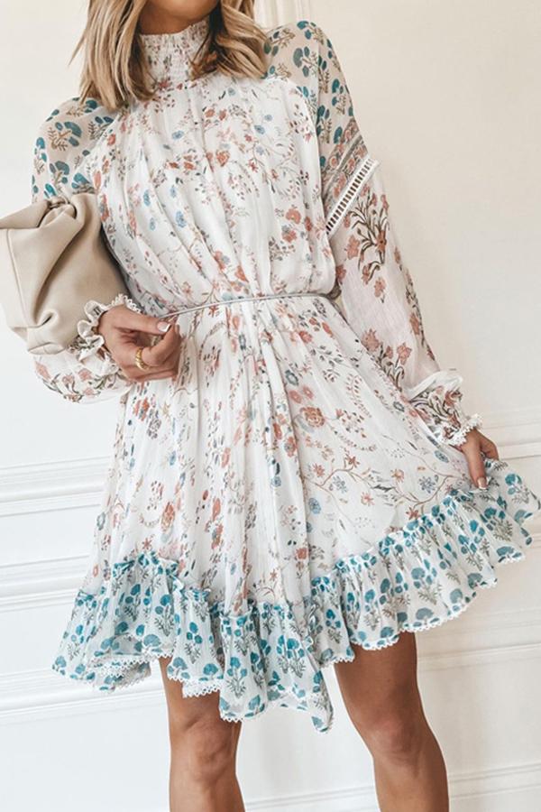 High Neck Ribbon Lace Chiffon Print Swing Dress