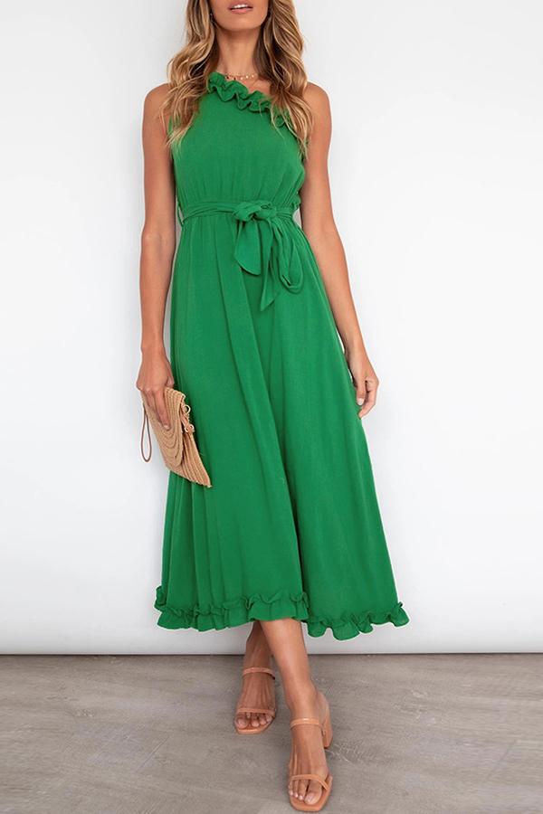 Elegant Solid Color Ruffle Collar Belt Dress