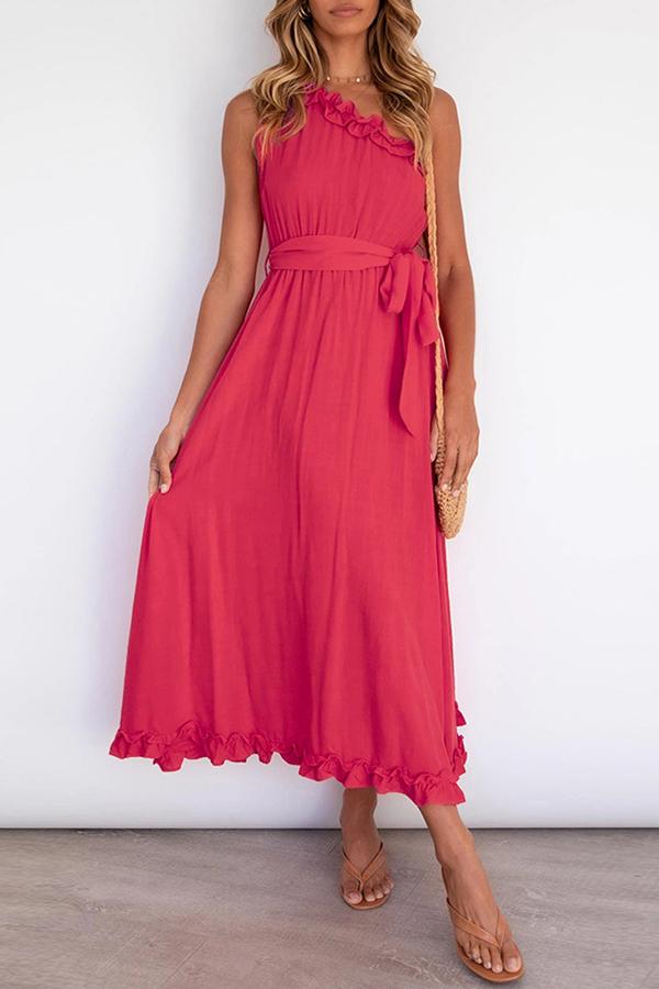 Elegant Solid Color Ruffle Collar Belt Dress