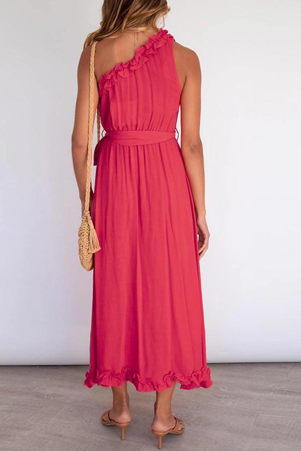 Elegant Solid Color Ruffle Collar Belt Dress