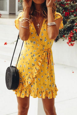 Yellow Cotton Blend Floral Print Chic Dress