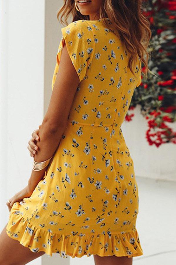 Yellow Cotton Blend Floral Print Chic Dress