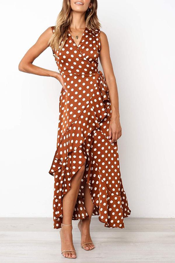 Ankle-Length Falbala Lace-Up Polka Dot Dress