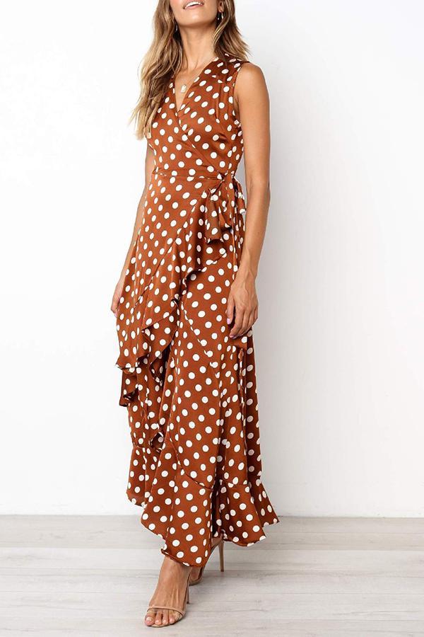 Ankle-Length Falbala Lace-Up Polka Dot Dress