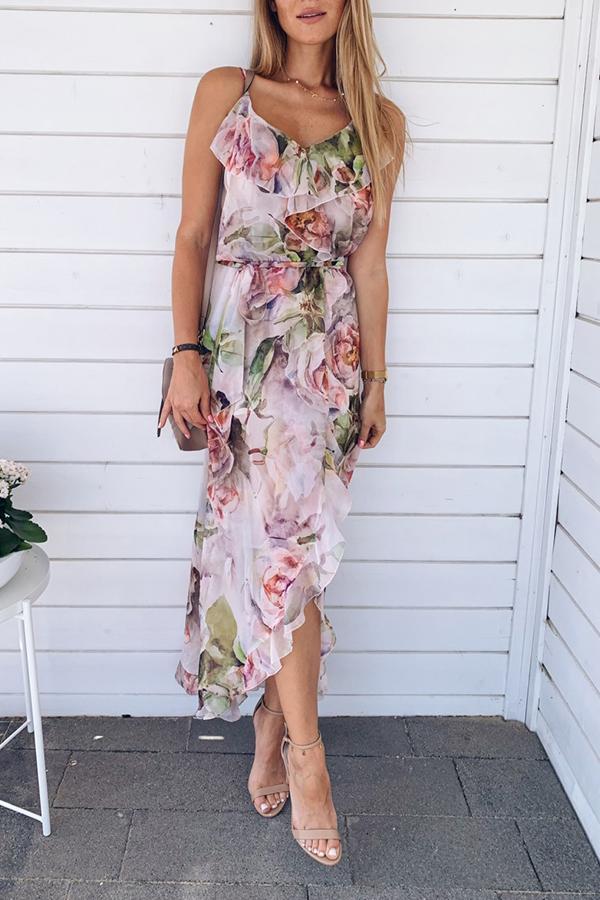 Sweet Floral Print Sling Fork Opening Dress