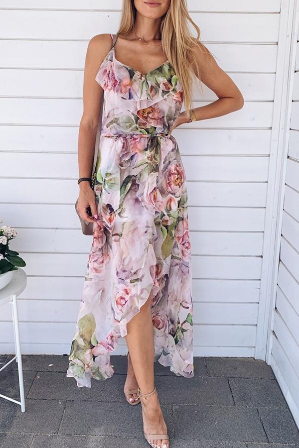 Sweet Floral Print Sling Fork Opening Dress