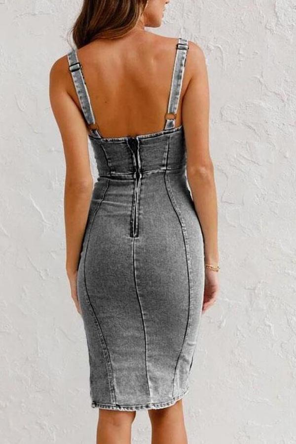 Fashion Round Neck Sleeveless Denim Dress