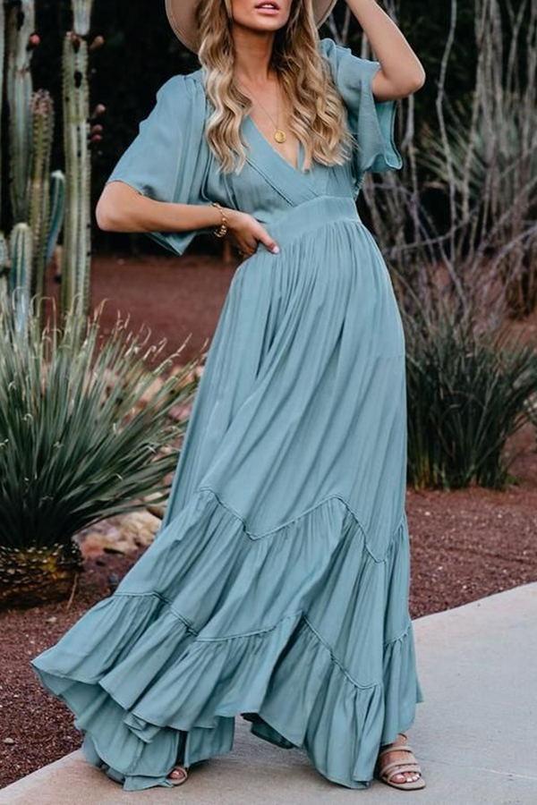 Retro Elegant Solid Color V Neck Maxi Dress