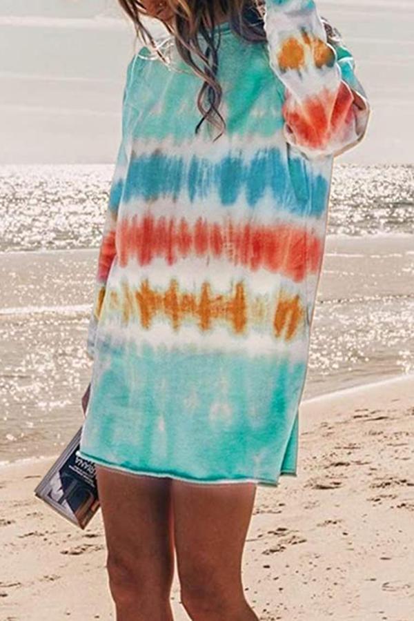 Modern Tie-dye Long Sleeve Round-veck Dress