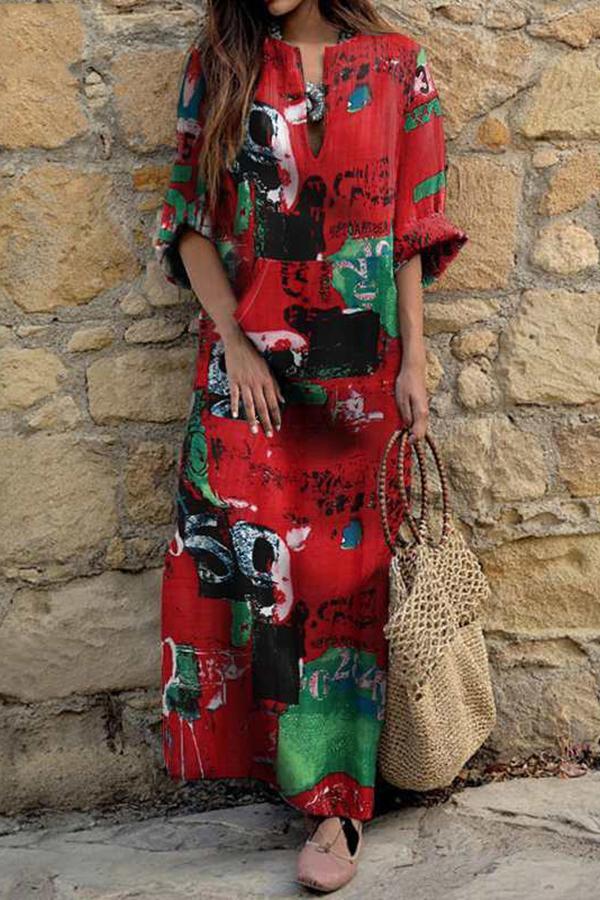 Bohemia Abstract Print Baggy V Neck Dress