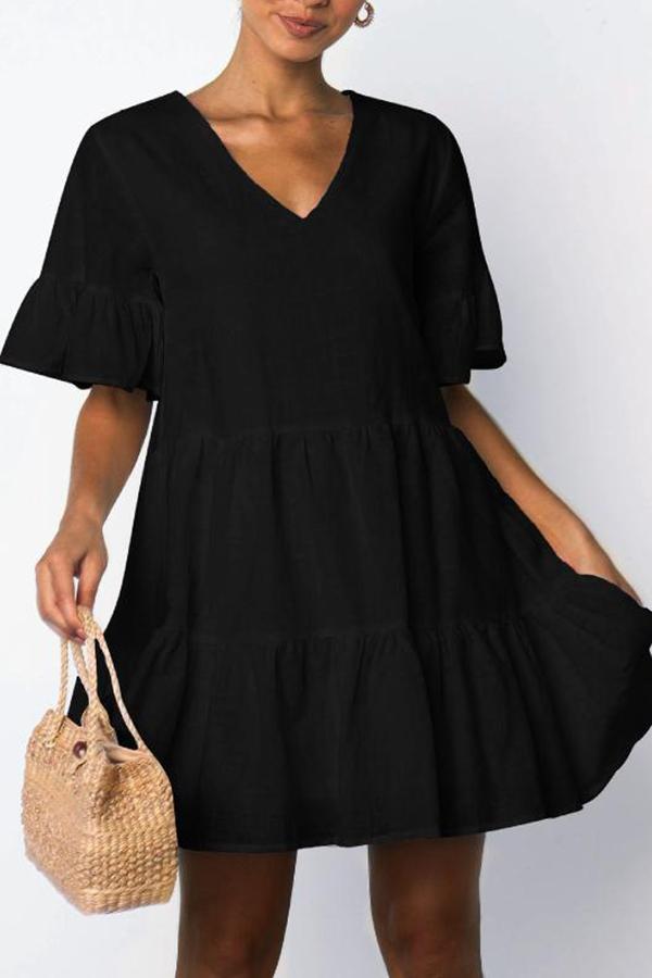 Urban Pure Color Ruffle V Neck Swing Dress