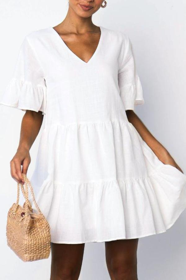 Urban Pure Color Ruffle V Neck Swing Dress