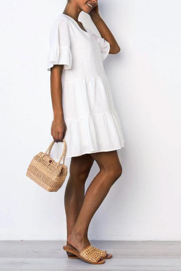 Urban Pure Color Ruffle V Neck Swing Dress