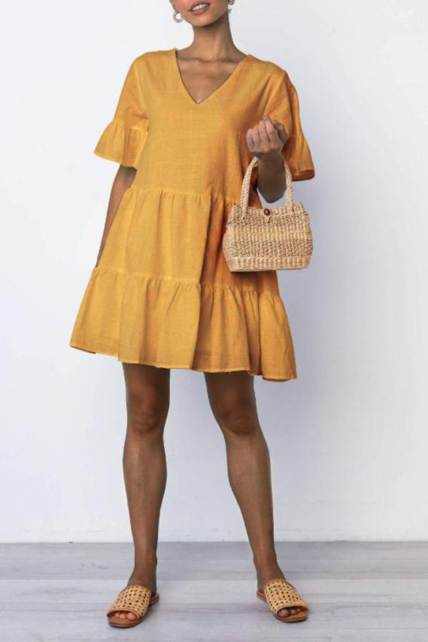 Urban Pure Color Ruffle V Neck Swing Dress