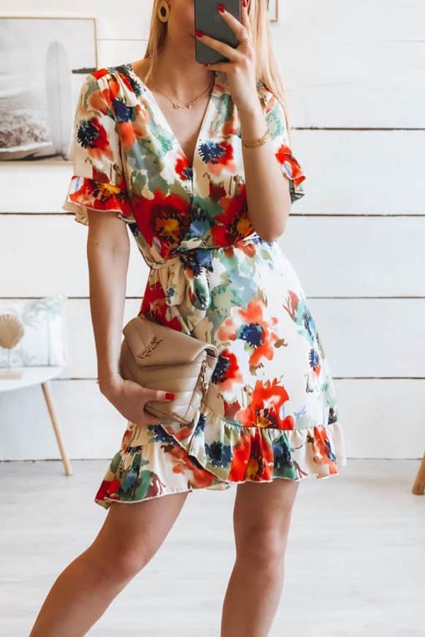 Temperament Floral Print Slim V Neck Dress