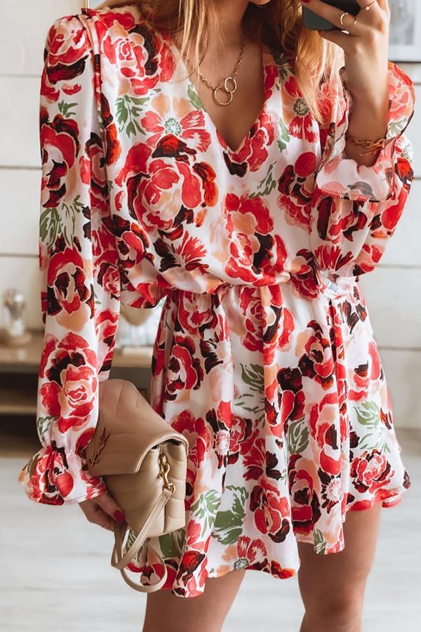 Pretty Rose Flower Print Puff Sleeves Dress