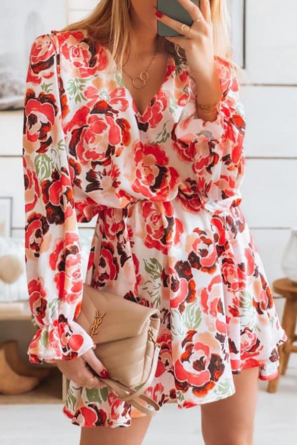 Pretty Rose Flower Print Puff Sleeves Dress