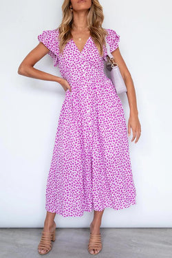 Smart Polka Dot Flounce Sleeves Stitching Pockets Dress