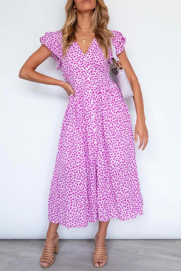 Smart Polka Dot Flounce Sleeves Stitching Pockets Dress