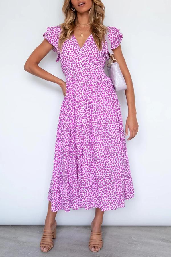 Smart Polka Dot Flounce Sleeves Stitching Pockets Dress