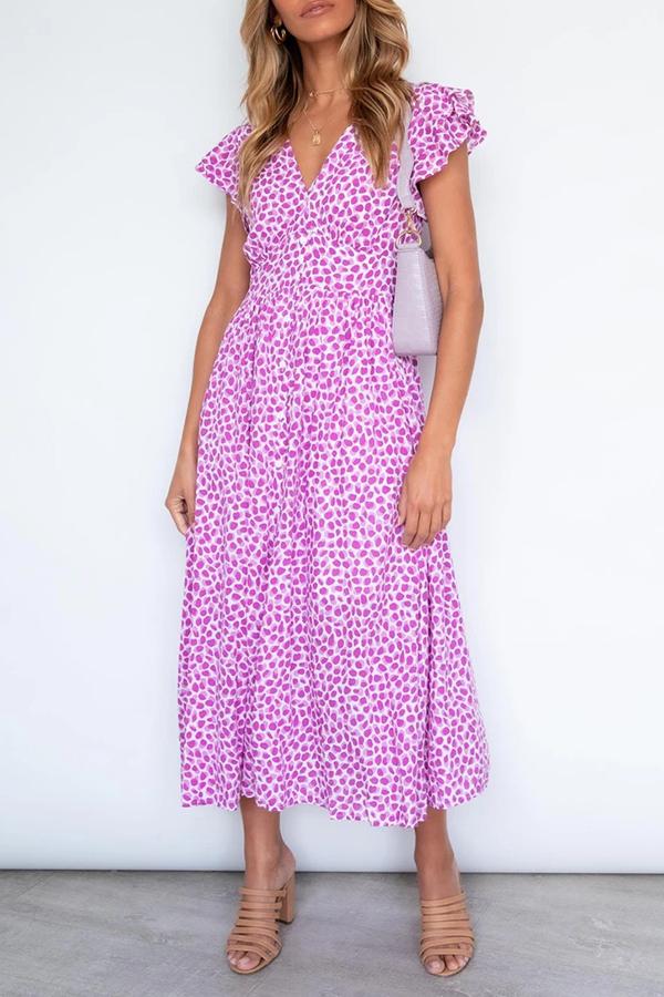 Smart Polka Dot Flounce Sleeves Stitching Pockets Dress