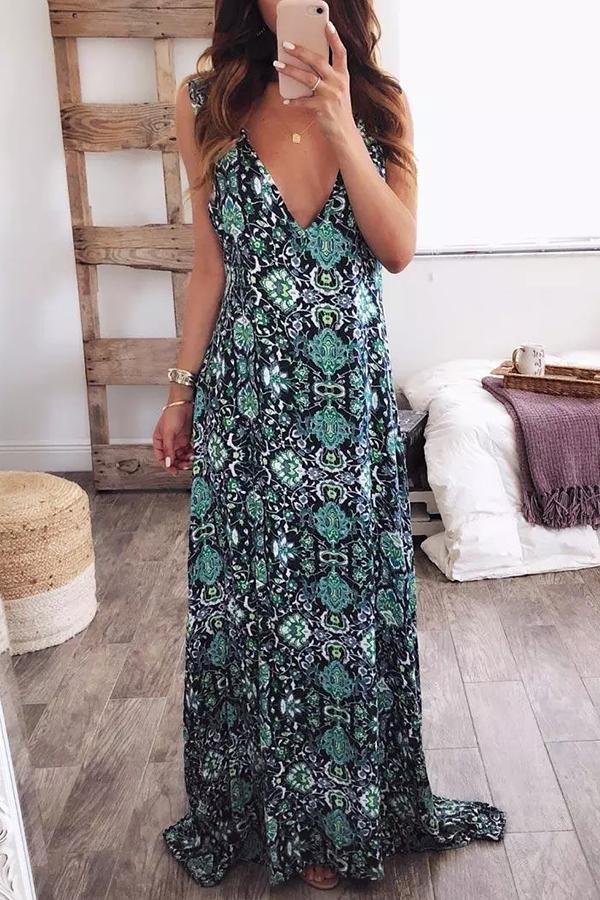 Floral V-Neck Sleeveless Maxi Dress