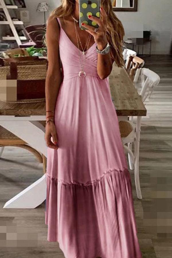 Gradient V-neck Pleated Long Dress