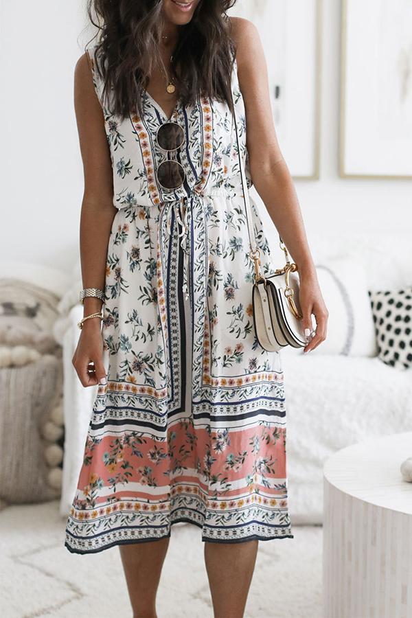 Printed V-neck Sleeveless Daily Dress