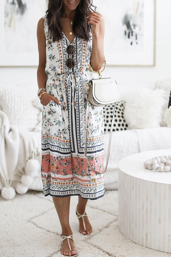 Printed V-neck Sleeveless Daily Dress