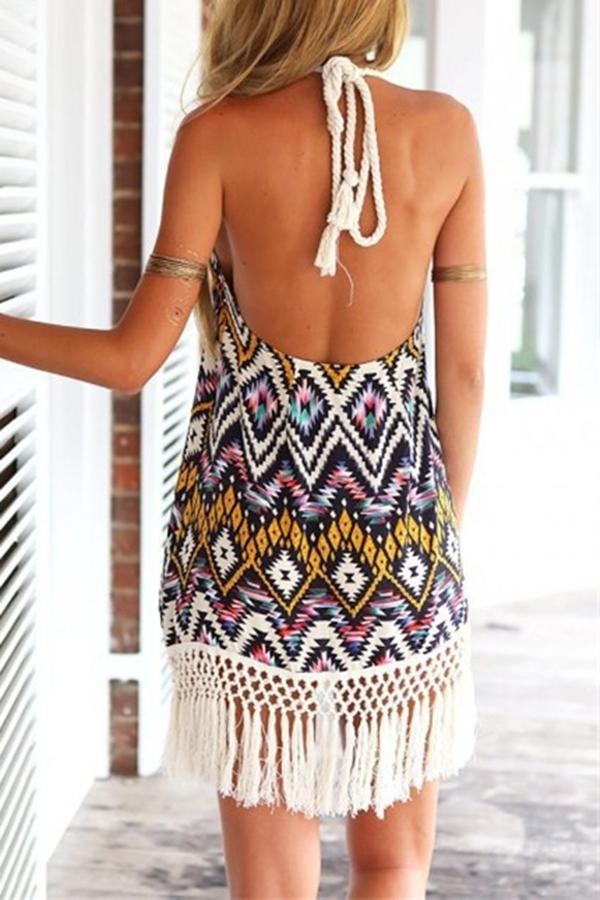 Tribal Printed Halter Neck Fringed Dress