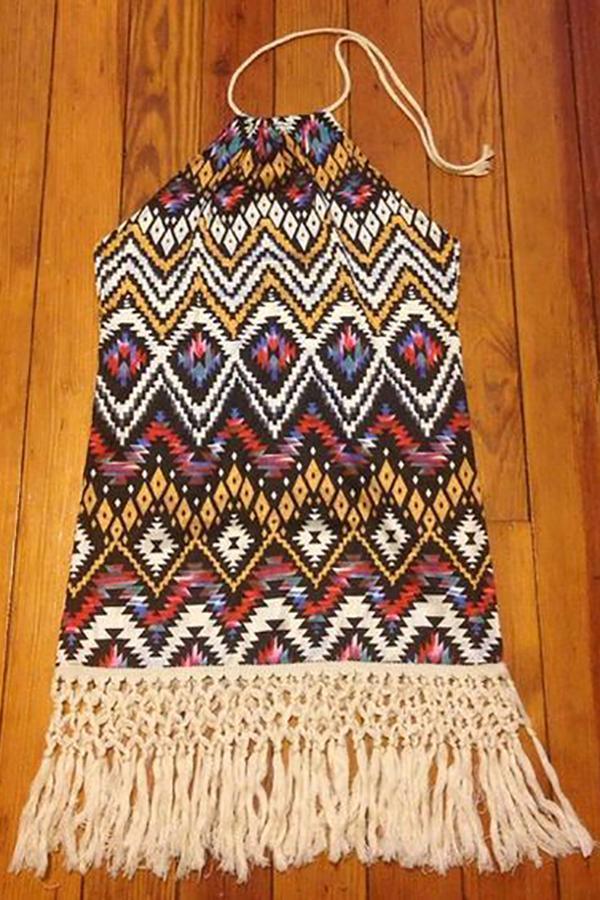 Tribal Printed Halter Neck Fringed Dress