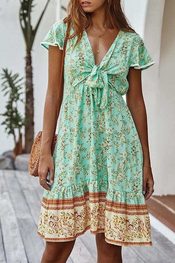 Bohemian V-neck Knotted Floral Dress