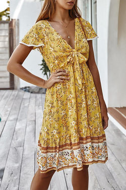 Bohemian V-neck Knotted Floral Dress