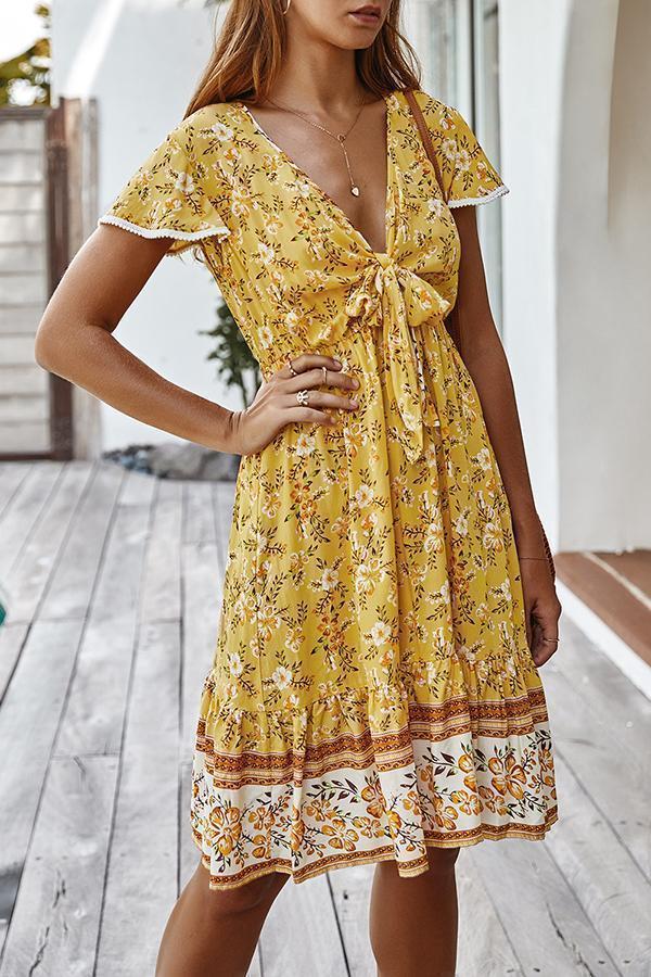 Bohemian V-neck Knotted Floral Dress