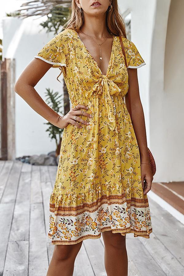 Bohemian V-neck Knotted Floral Dress