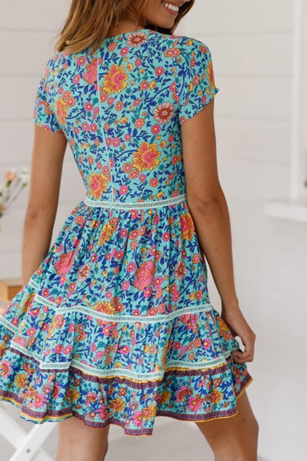 V-neck Cutout Floral Printed Dress