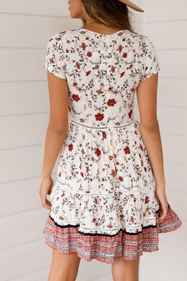 V-neck Cutout Floral Printed Dress