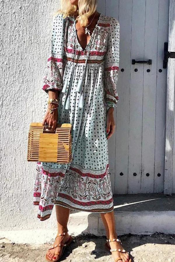 Ethnic Style Printed V-neck Dress