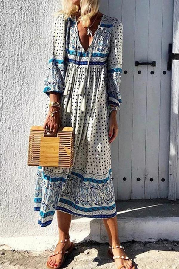 Ethnic Style Printed V-neck Dress