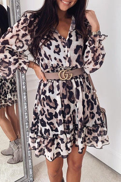 Leopard Printed V-neck Ruffled Dress